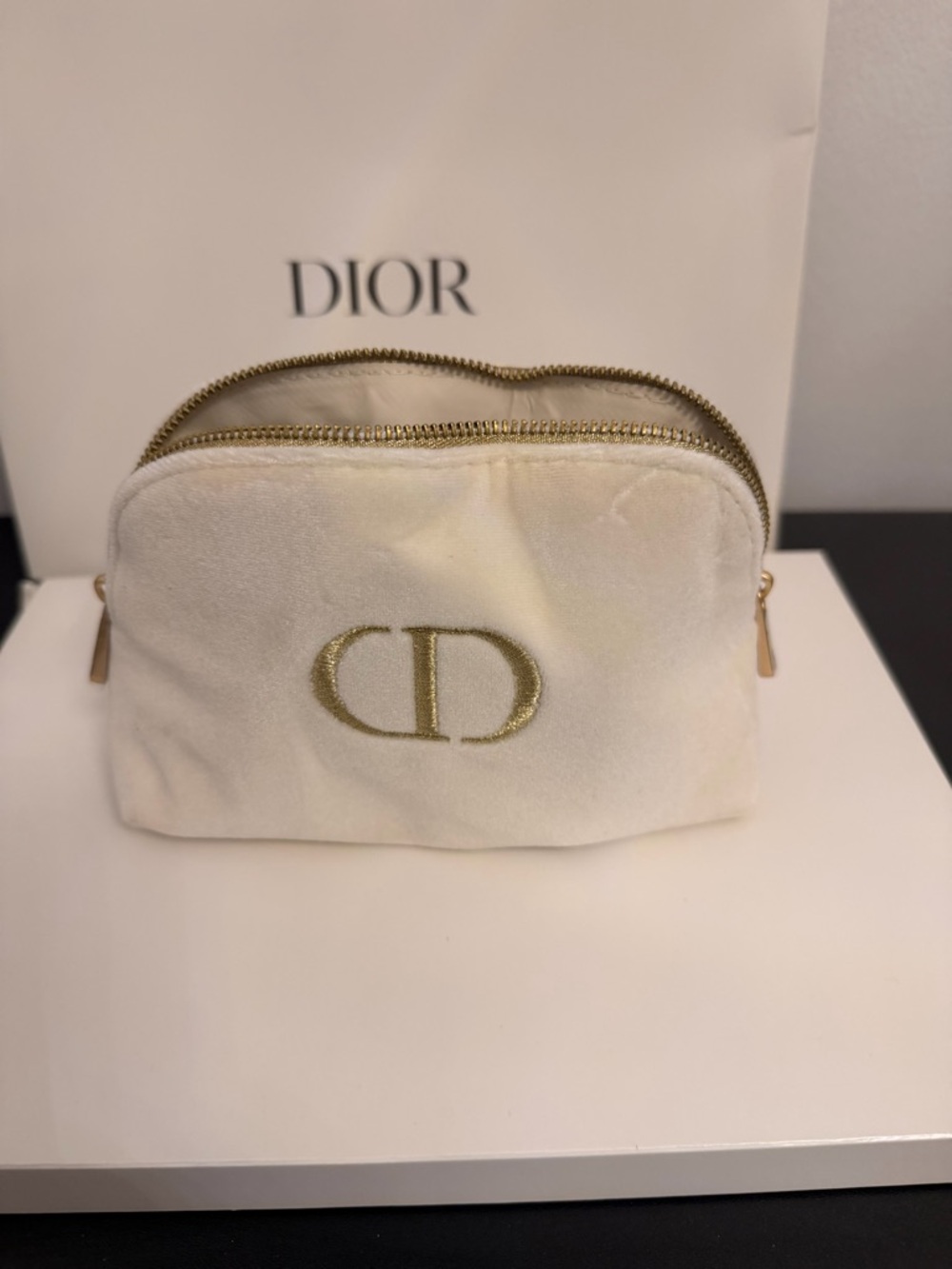 Dior Cream Velvet Double-Zip Cosmetic Pouch with Gold CD Emblem